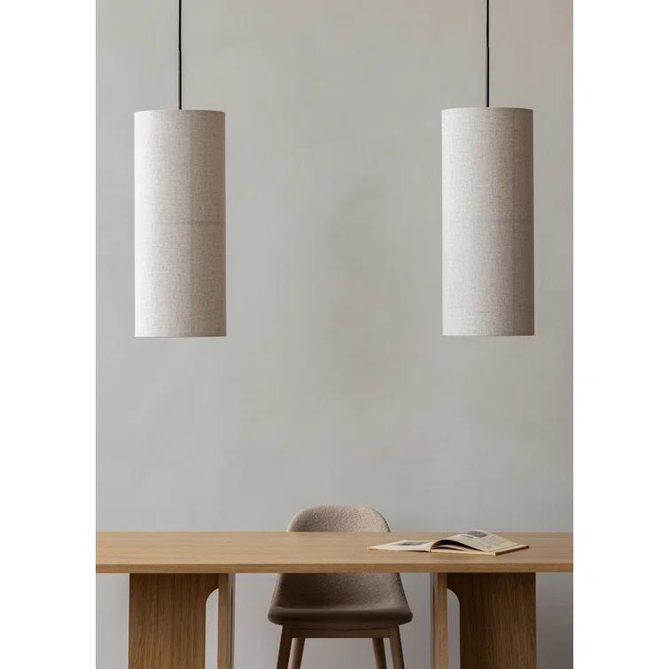 Bronzed Brass Drum Pendant Light with Raw Fabric Shade