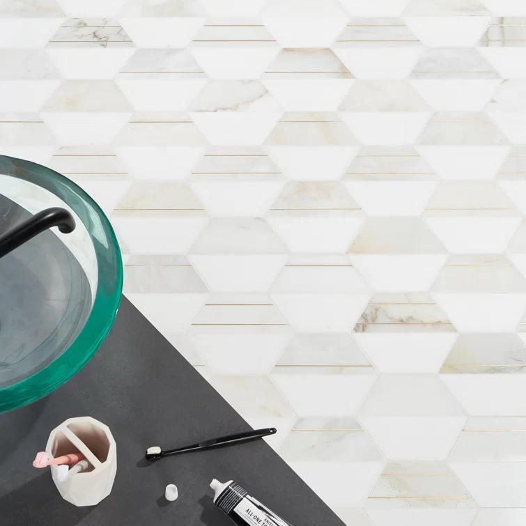 Meld 10.43" x 12.04" Marble and Brass Mosaic Hexagon Tile (0.87 Sq. Ft. / Sheet)