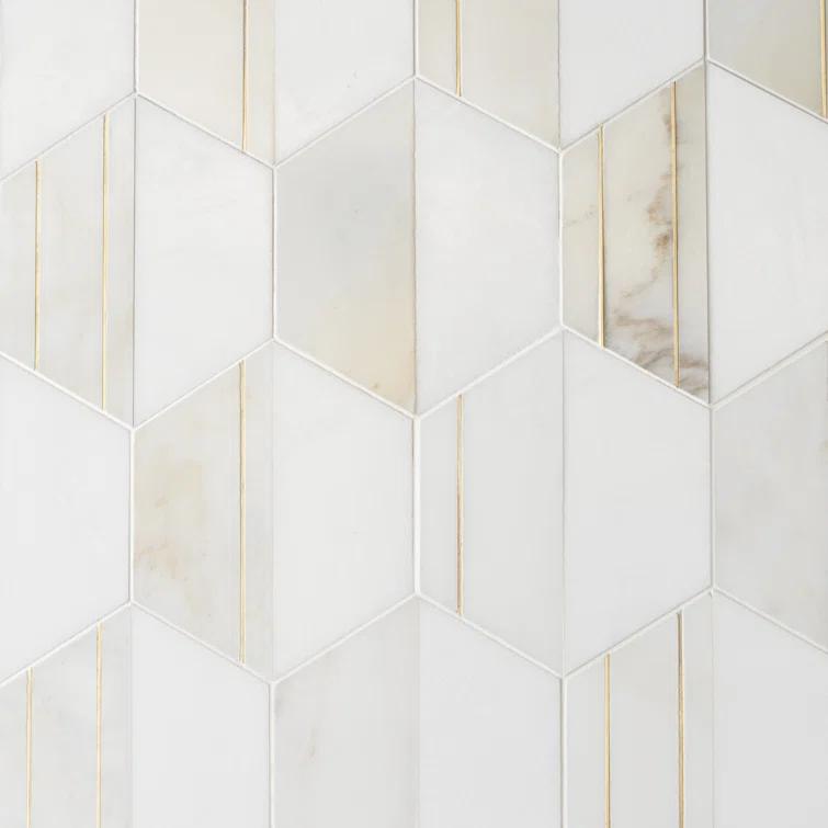 Meld 10.43" x 12.04" Marble and Brass Mosaic Hexagon Tile (0.87 Sq. Ft. / Sheet)