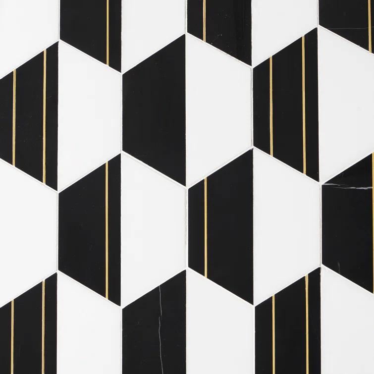 Meld 10.43" x 12.04" Marble and Brass Mosaic Hexagon Tile (0.87 Sq. Ft. / Sheet)