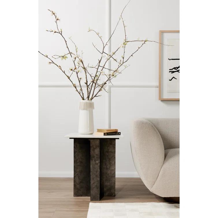 Contemporary Marlow Square End Table in Polished White Marble and Raw Black