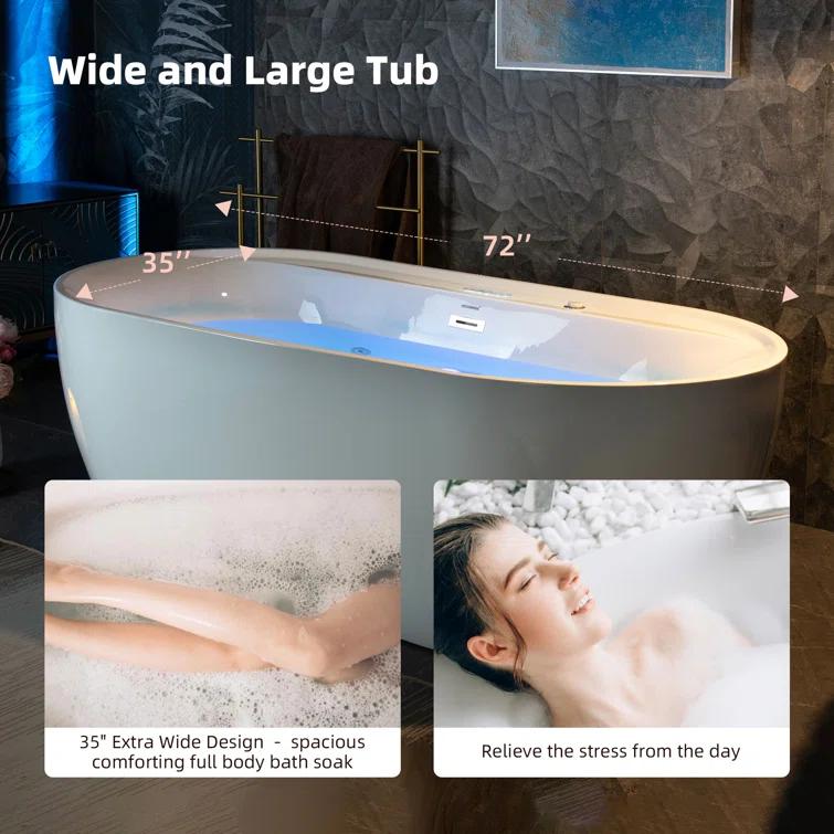 72" x 35-3/8" Whirlpool and Air Bath Heated Soaking Combination Tub with Wide Rim, LED Control Panel