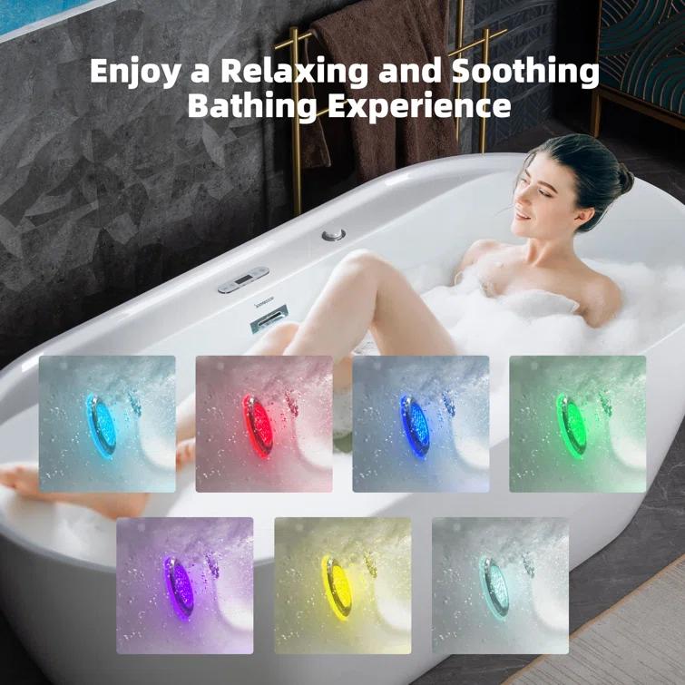 72" x 35-3/8" Whirlpool and Air Bath Heated Soaking Combination Tub with Wide Rim, LED Control Panel