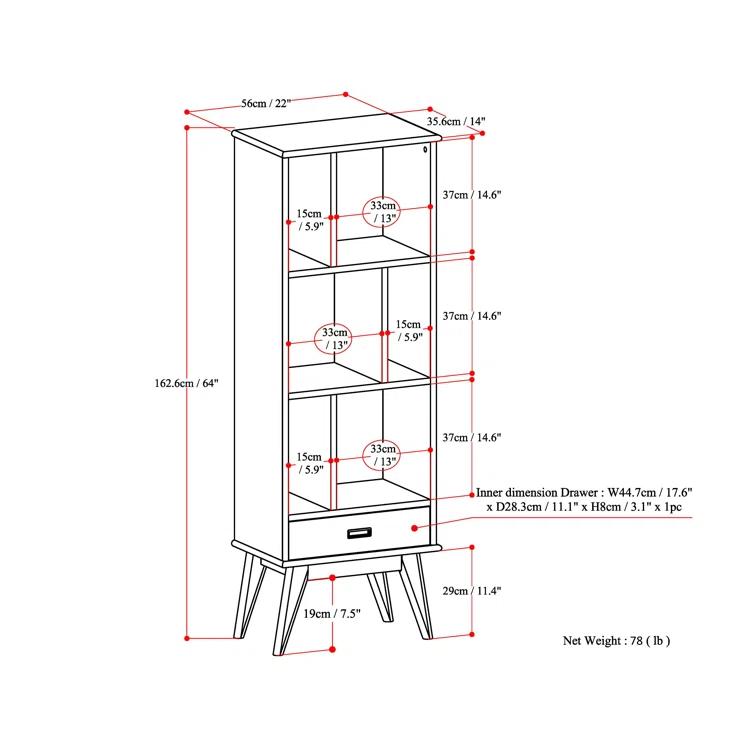 Simpli Home Draper 22"W Solid Hardwood 6 Shelf Compartment Mid-Century Modern Bookcase with Drawer