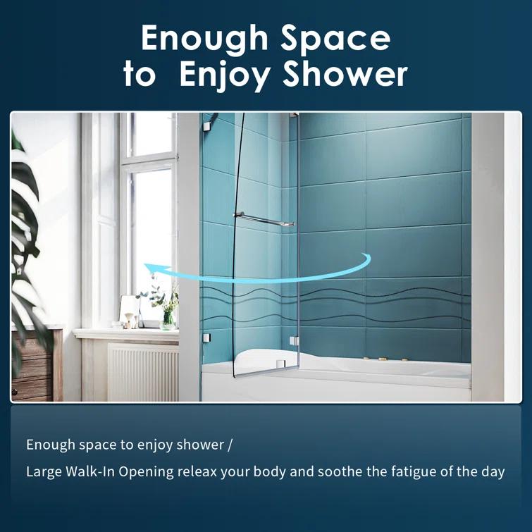 48"W x 58"H Frameless Shower Door,Hinged Pivot Tub Door with 1/4" Clear Tempered Glass,Chrome
