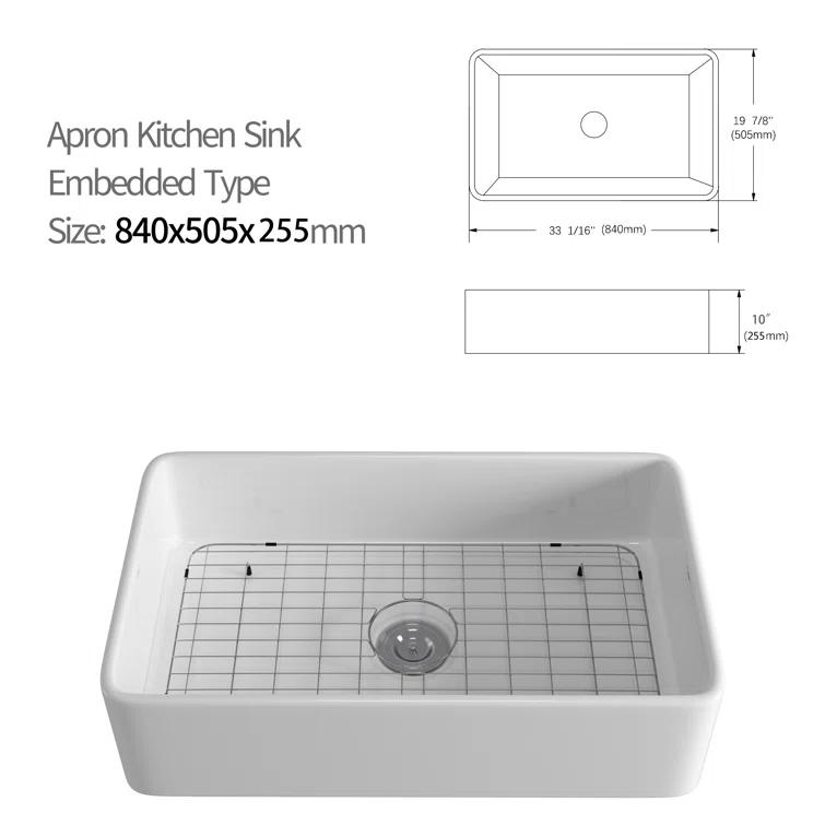 33" L x 20" W Fireclay Farmhouse Kitchen Sink with Sink Grid and Basket Strainer