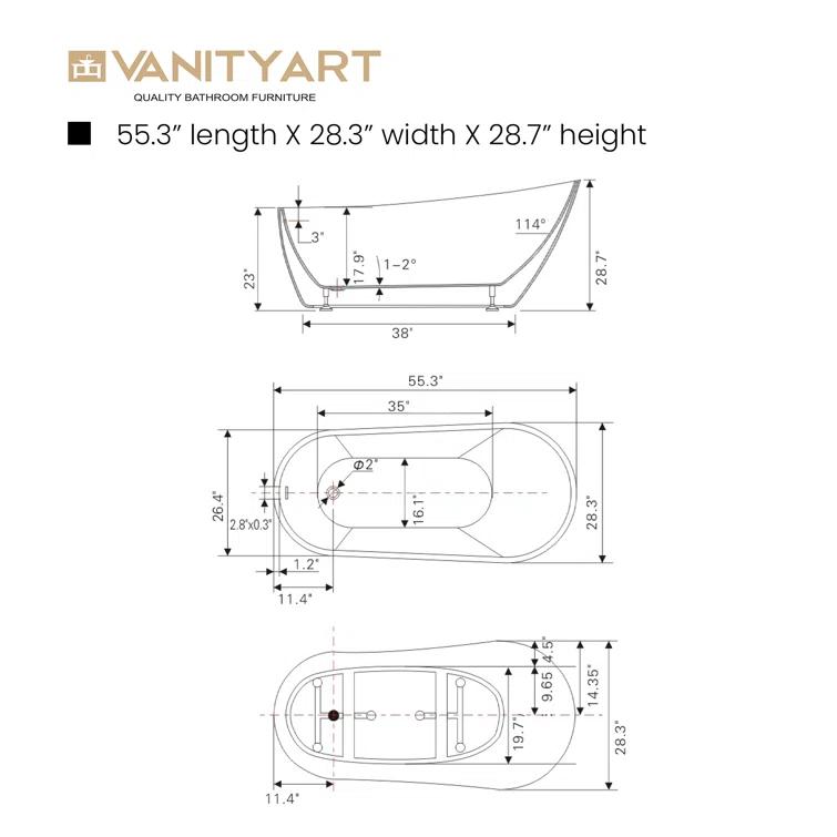 55.3" X 28.3" Freestanding Soaking Bathtub