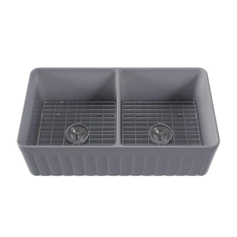 DeerValley Nova 33" L x 18" W Double Bowl Fireclay Farmhouse Kitchen Sink with Sink Grid and Basket Strainer DV-1K0041
