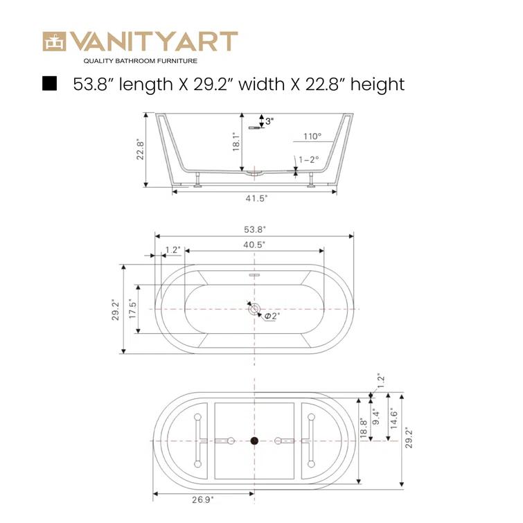 54'' x 29'' Freestanding Soaking Acrylic Bathtub