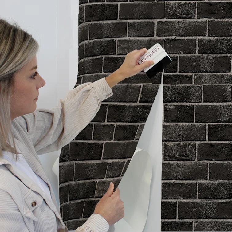 Tempaper & Co.® Brick Removable Peel and Stick Wallpaper, Ebony Brick, 28 sq ft: Faux Sticky Vinyl, Classic Pattern