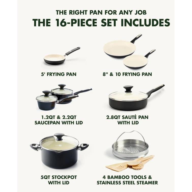 GreenPan GreenPan Rio Healthy Ceramic Nonstick 16 Piece Cookware Pots and Pans Set, PFAS-Free, Dishwasher Safe