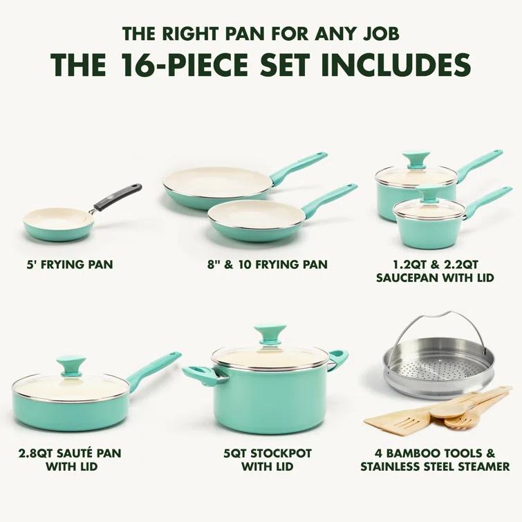 GreenPan GreenPan Rio Healthy Ceramic Nonstick 16 Piece Cookware Pots and Pans Set, PFAS-Free, Dishwasher Safe