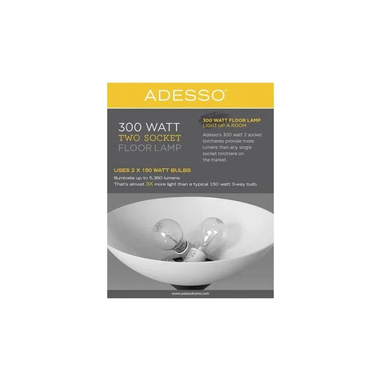 Jessica 300W Torchiere Antique Brass - Adesso: ETL Listed, Dimmable Glass Shade, Metal Body, No Tools Assembly