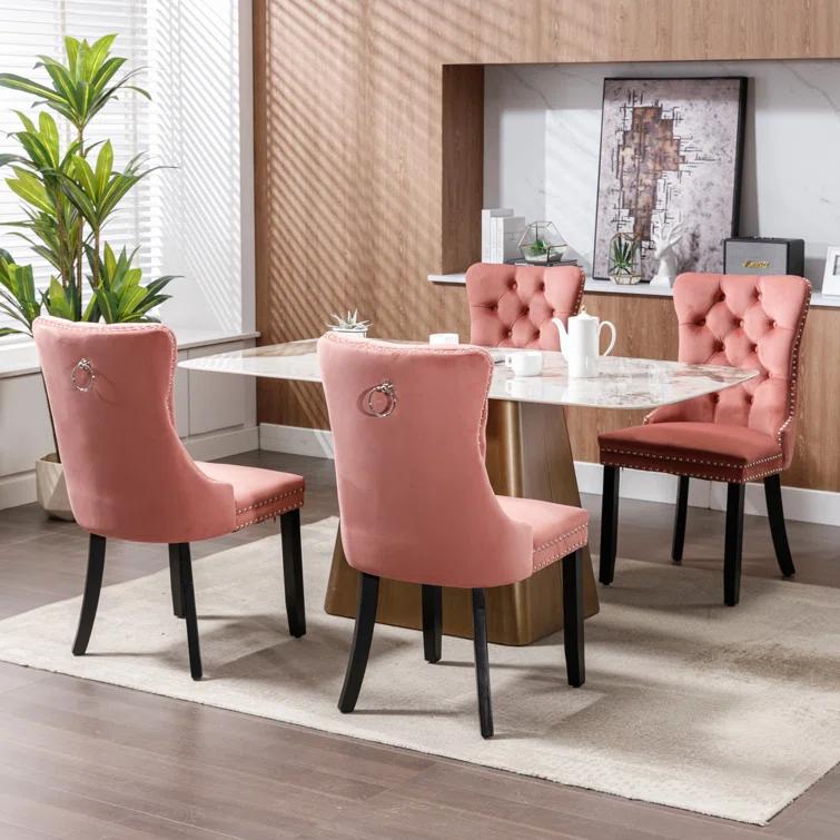 Pink Velvet Dining Chairs Set of 2, Upholstered Dining Room Chairs with Back Ring Pull Trim and Solid Wood Legs, Tufted Wingback Kitchen Chairs for Dining Room,Living Room,Kitchen(Pink)