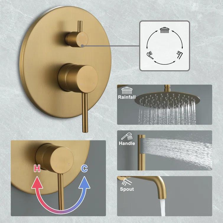 Luxury Wall-Mounted 3-Function Shower System Solid Brass Mixer Valve, 1.8 GPM Flow & Dual Showerheads with Rough-in Valve
