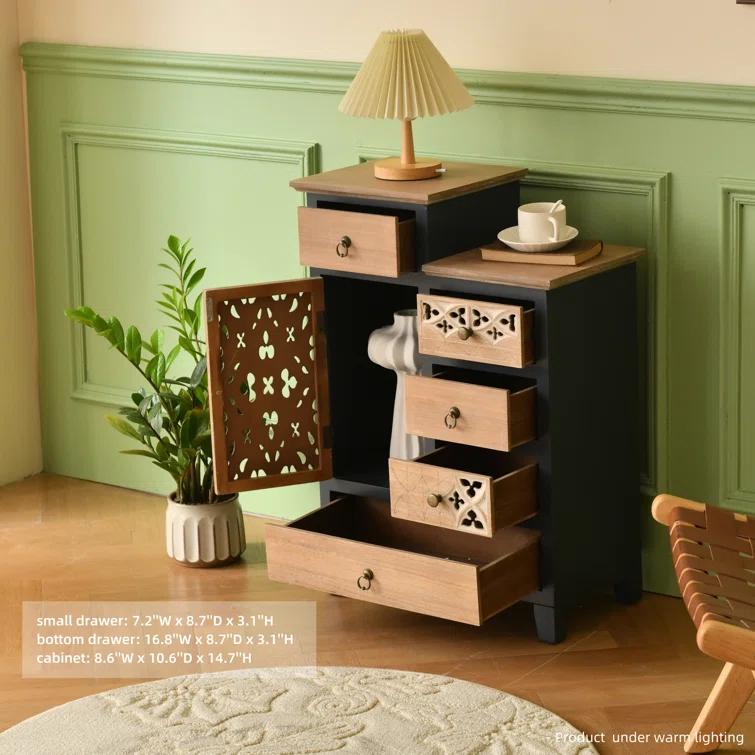 Fienley Farmhouse 21.6"W x 30.6"H x 11.8"D 1-Door Carved Wood Accent Chest With 5-Drawers, Rich Natural,Blue
