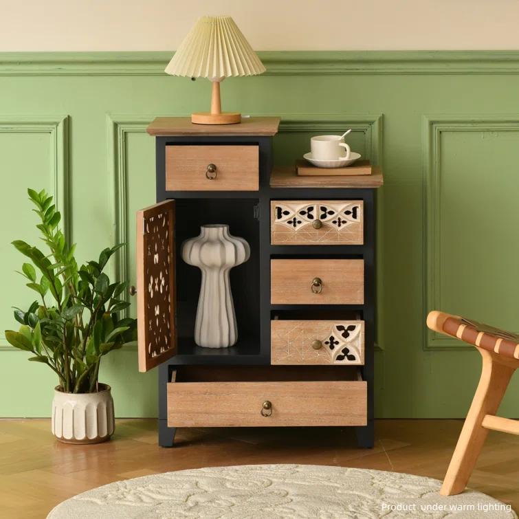 Fienley Farmhouse 21.6"W x 30.6"H x 11.8"D 1-Door Carved Wood Accent Chest With 5-Drawers, Rich Natural,Blue