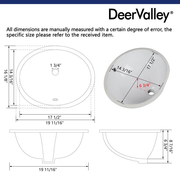 DeerValley Symmetry 19 1/2" X 16" Oval Vitreous China Undermount Bathroom Sink with Overflow