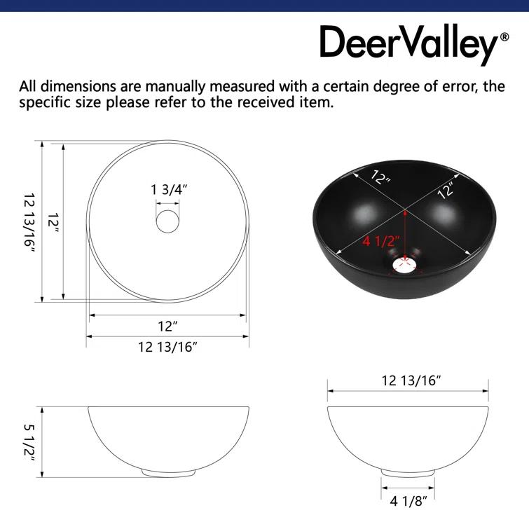 DeerValley Symmetry 13" x 13'' Circular/Round Vitreous Vessel Bathroom Sink