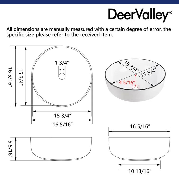 DeerValley Symmetry 16'' Circular White/Black Ceramic Vessel Bathroom Sink