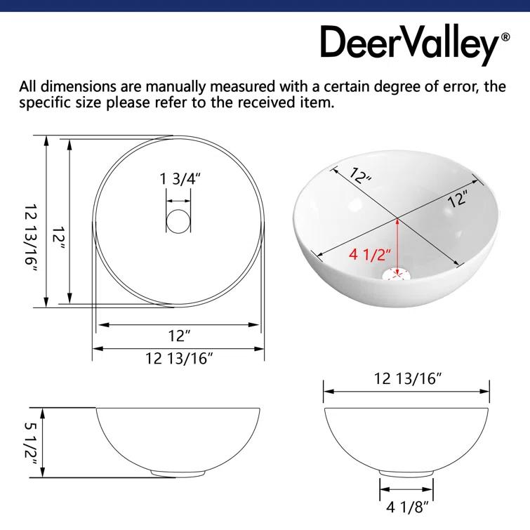 DeerValley Symmetry 13" x 13'' Circular/Round Vitreous Vessel Bathroom Sink