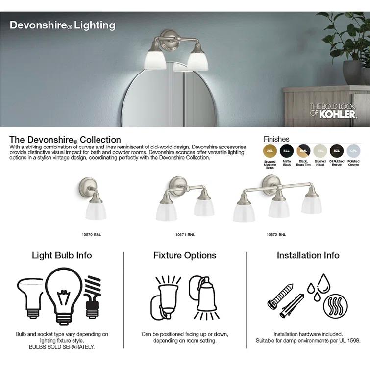 Devonshire 2 Light Indoor Bathroom Vanity Light Fixture, Position Facing Up or Down, UL Listed