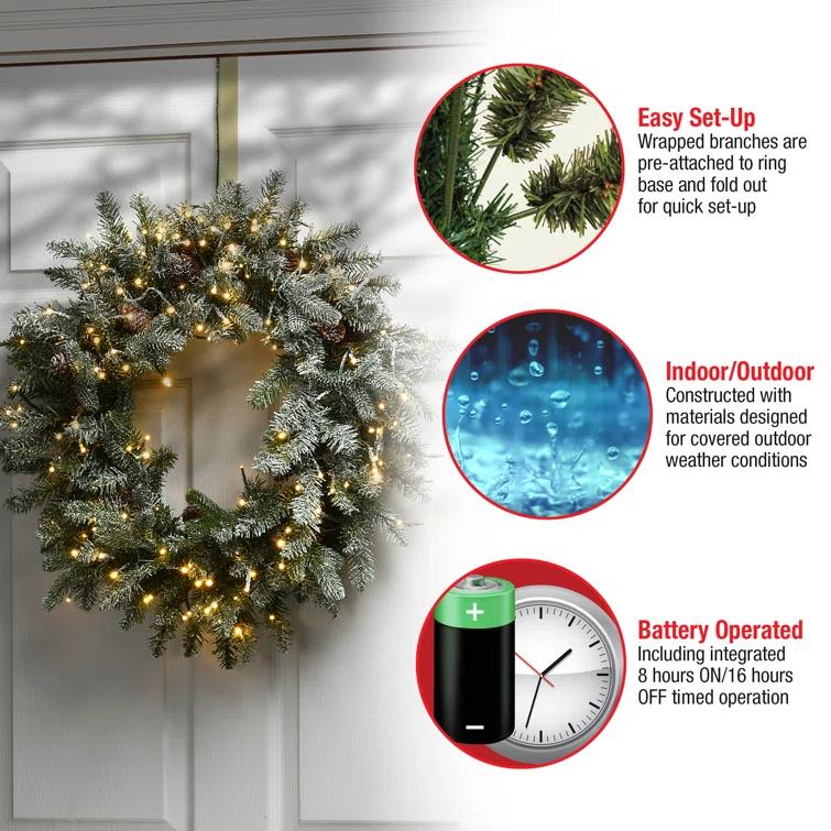 The Holiday Aisle® 24" Snowy Morgan Spruce Wreath with Dual Color LED Cosmic Lights