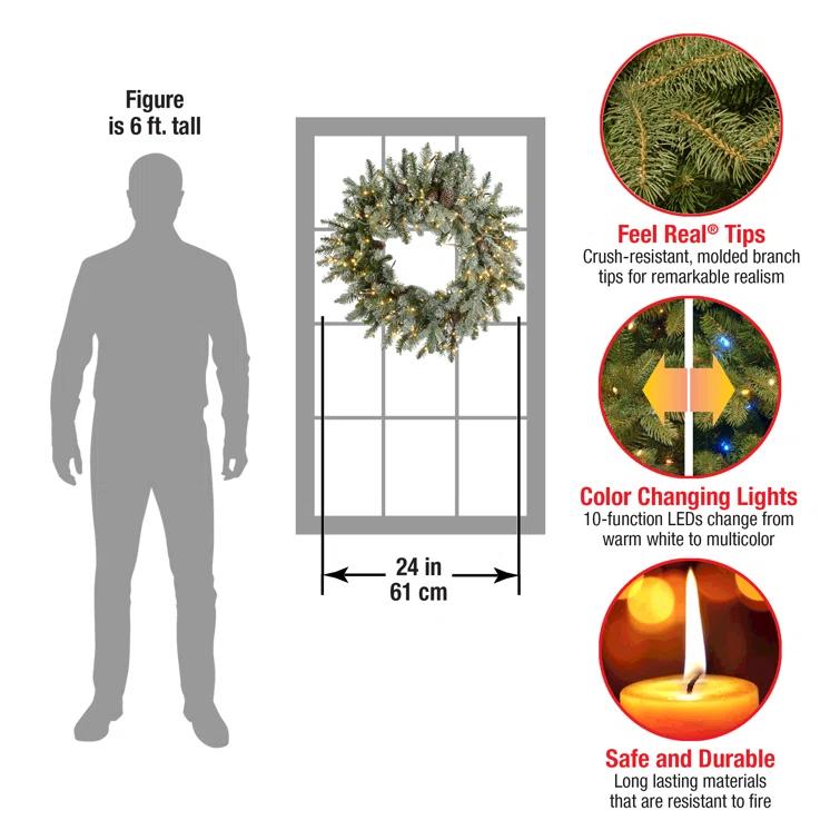 The Holiday Aisle® 24" Snowy Morgan Spruce Wreath with Dual Color LED Cosmic Lights