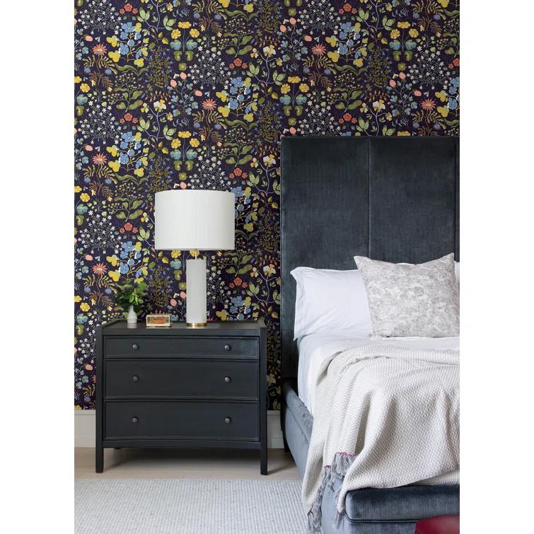 Dark Blue Floral Non-Pasted Washable Wallpaper Roll