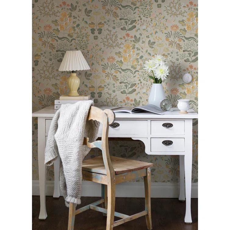 Apricot and Teal Scandinavian Floral Non-Woven Wallpaper Roll
