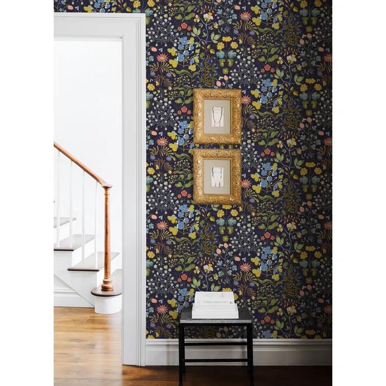 Dark Blue Floral Non-Pasted Washable Wallpaper Roll