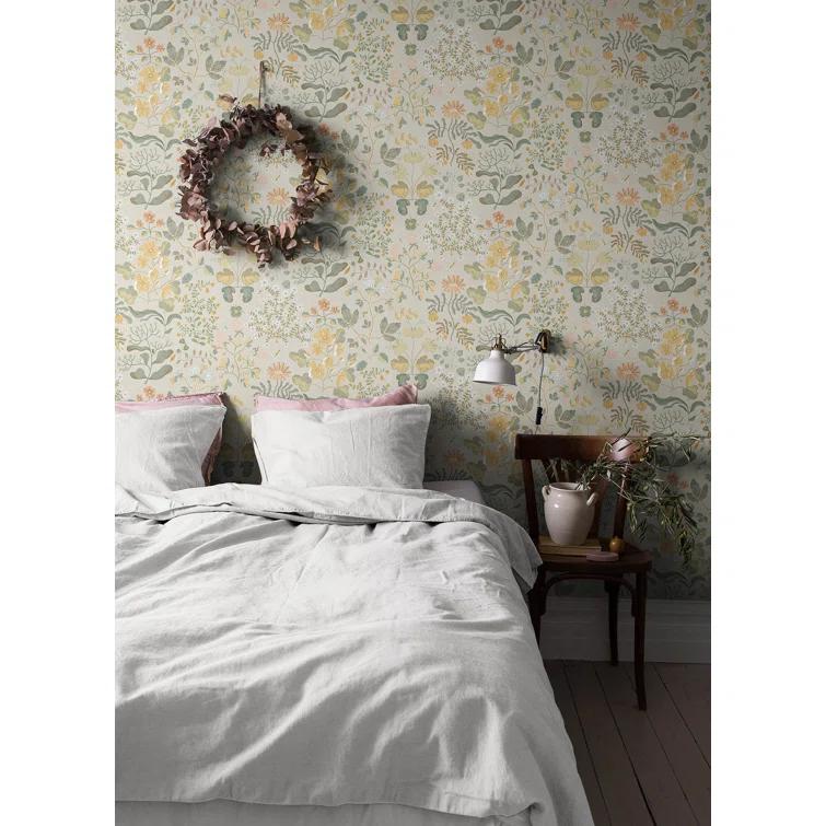 Apricot and Teal Scandinavian Floral Non-Woven Wallpaper Roll