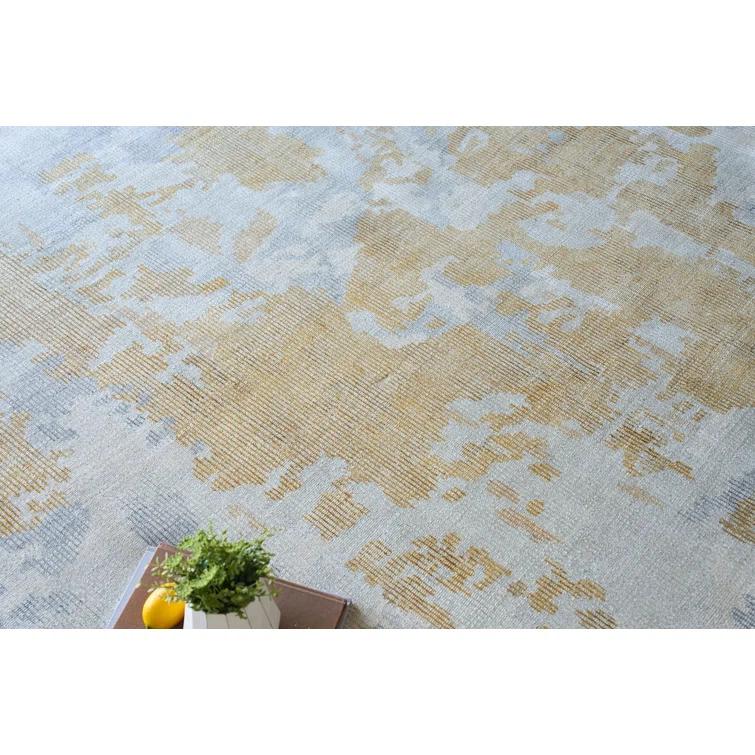 Rectangle Abstract Hand Loomed Wool/Bamboo Slat/Seagrass Area Rug in Silver/Gold