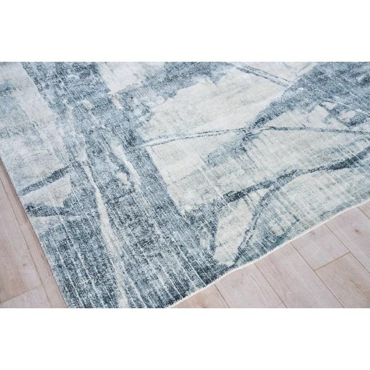 Kyoto Rectangle Abstract Hand Loomed Bamboo Slat/Seagrass/Wool Area Rug in Silver/Blue