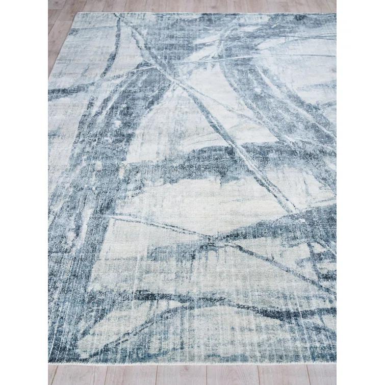 Kyoto Rectangle Abstract Hand Loomed Bamboo Slat/Seagrass/Wool Area Rug in Silver/Blue