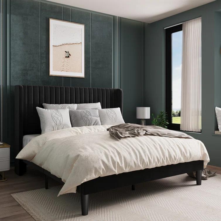 Candler Velvet Upholstered Platform Bed with Wingback Headboard and Wooden Slats