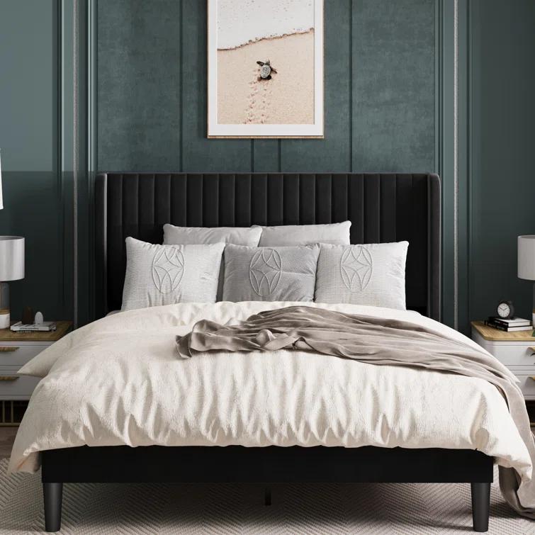 Candler Velvet Upholstered Platform Bed with Wingback Headboard and Wooden Slats