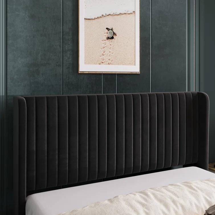 Candler Velvet Upholstered Platform Bed with Wingback Headboard and Wooden Slats