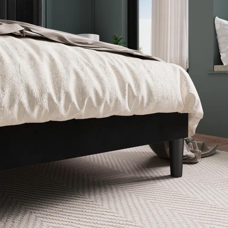 Candler Velvet Upholstered Platform Bed with Wingback Headboard and Wooden Slats