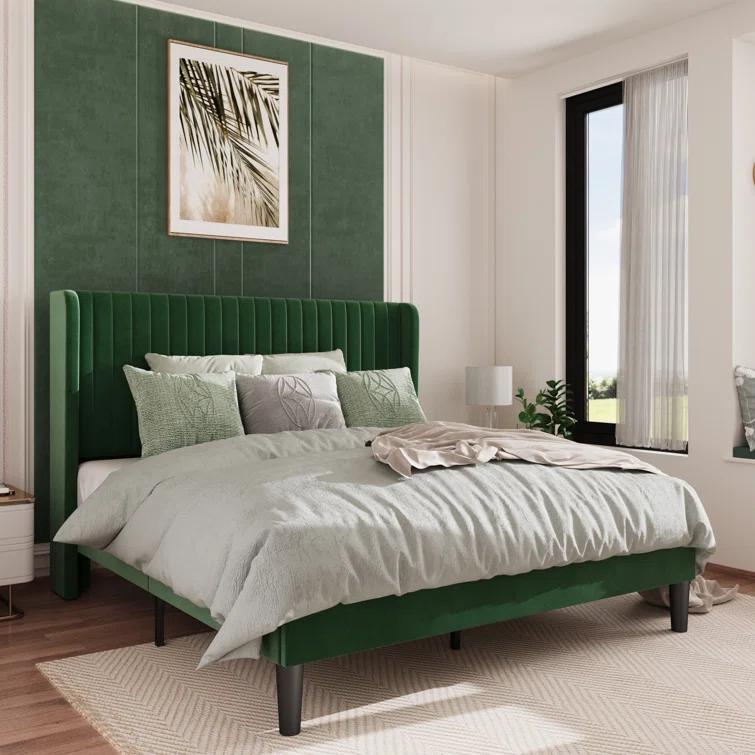 Candler Velvet Upholstered Platform Bed with Wingback Headboard and Wooden Slats