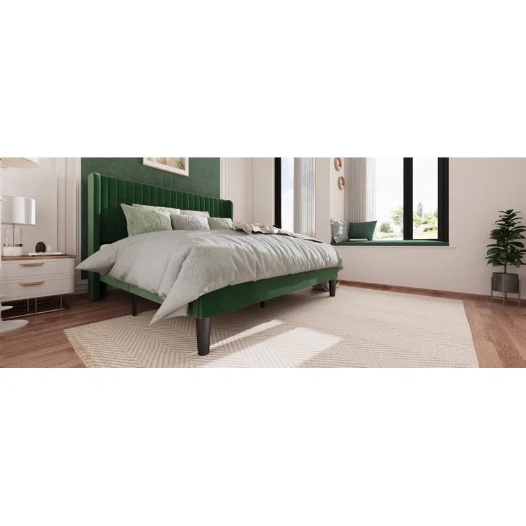 Candler Velvet Upholstered Platform Bed with Wingback Headboard and Wooden Slats