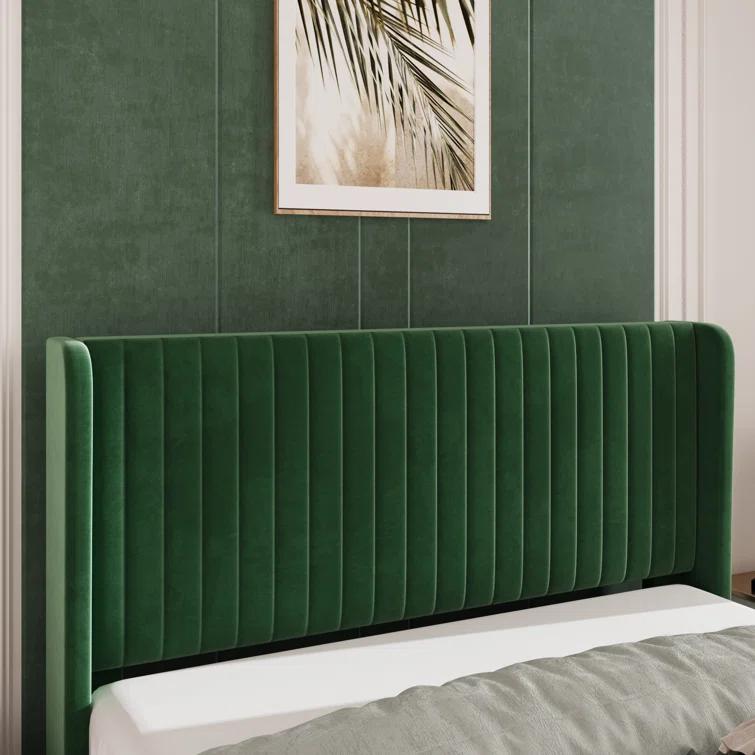 Candler Velvet Upholstered Platform Bed with Wingback Headboard and Wooden Slats