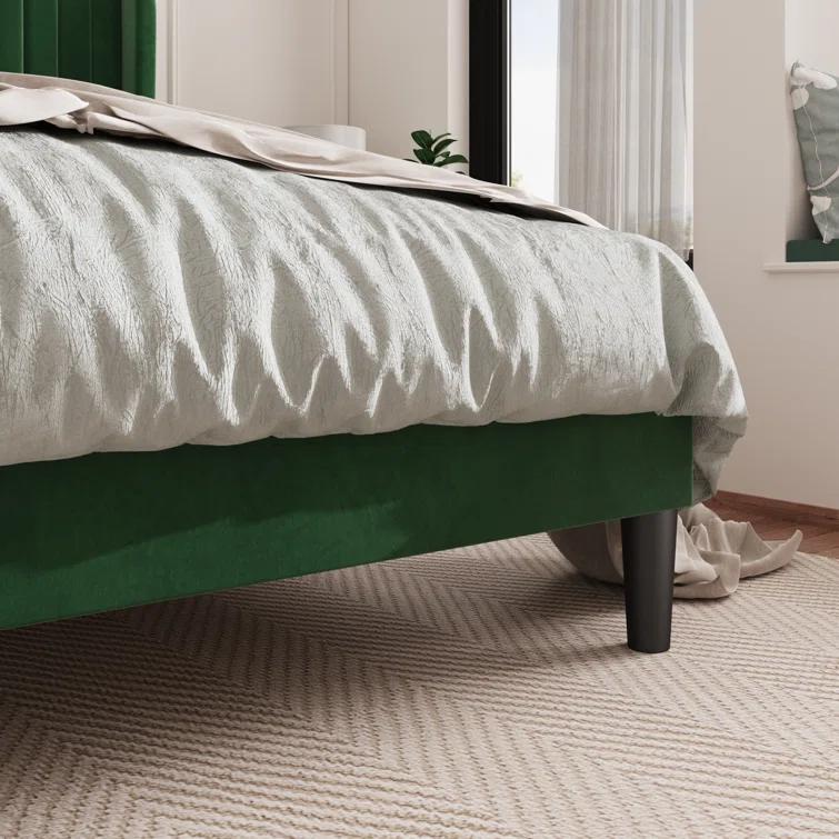 Candler Velvet Upholstered Platform Bed with Wingback Headboard and Wooden Slats