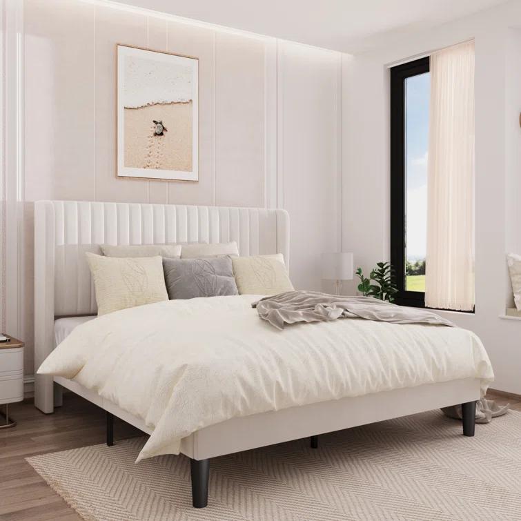 Candler Velvet Upholstered Platform Bed with Wingback Headboard and Wooden Slats