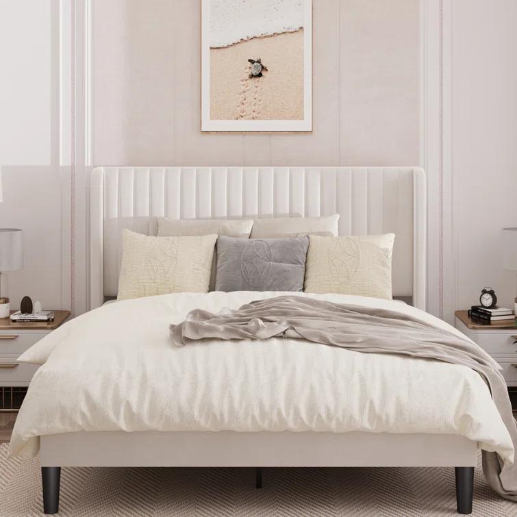 Candler Velvet Upholstered Platform Bed with Wingback Headboard and Wooden Slats