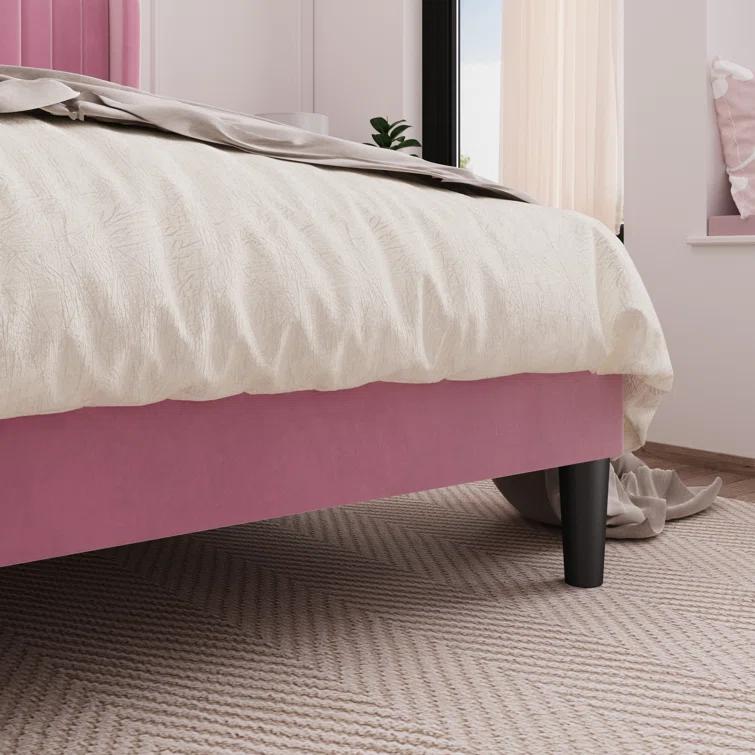 Candler Velvet Upholstered Platform Bed with Wingback Headboard and Wooden Slats