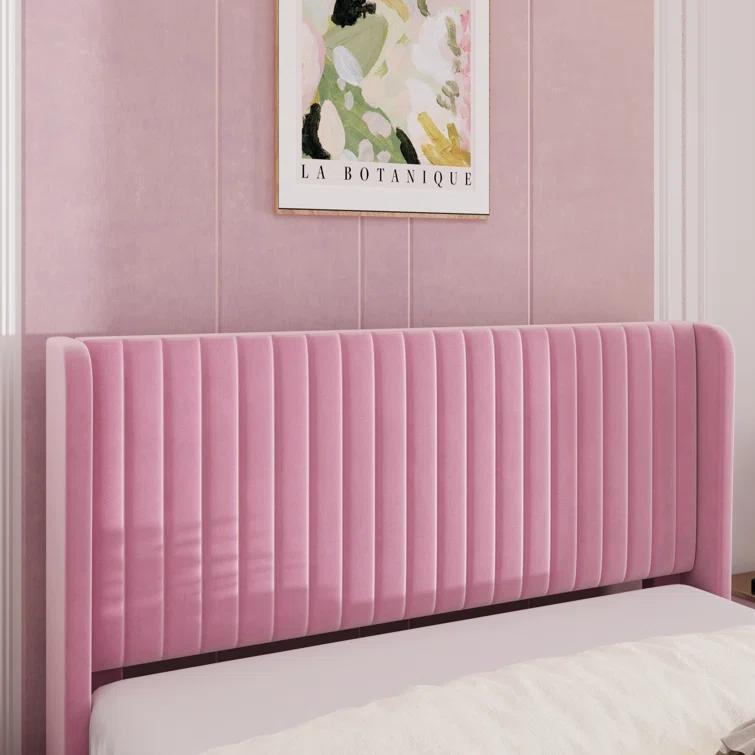 Candler Velvet Upholstered Platform Bed with Wingback Headboard and Wooden Slats