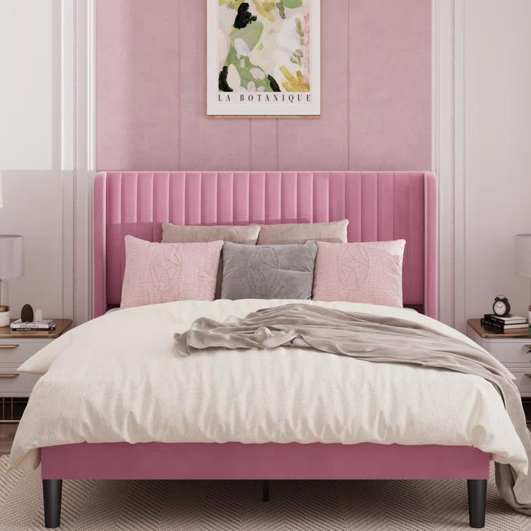 Candler Velvet Upholstered Platform Bed with Wingback Headboard and Wooden Slats