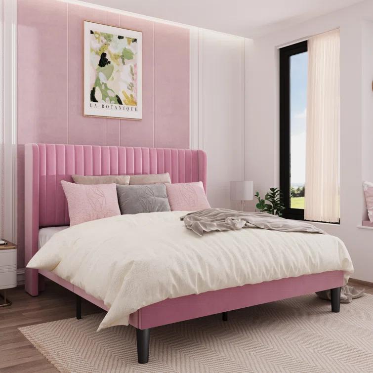 Candler Velvet Upholstered Platform Bed with Wingback Headboard and Wooden Slats