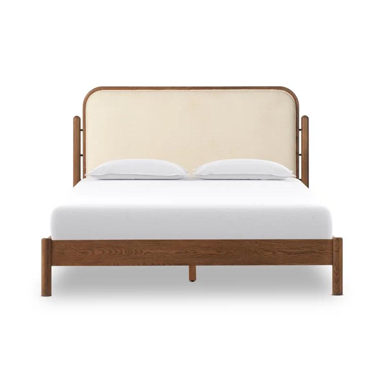 King Oak Upholstered Bed with Ivory Headboard and Drawer